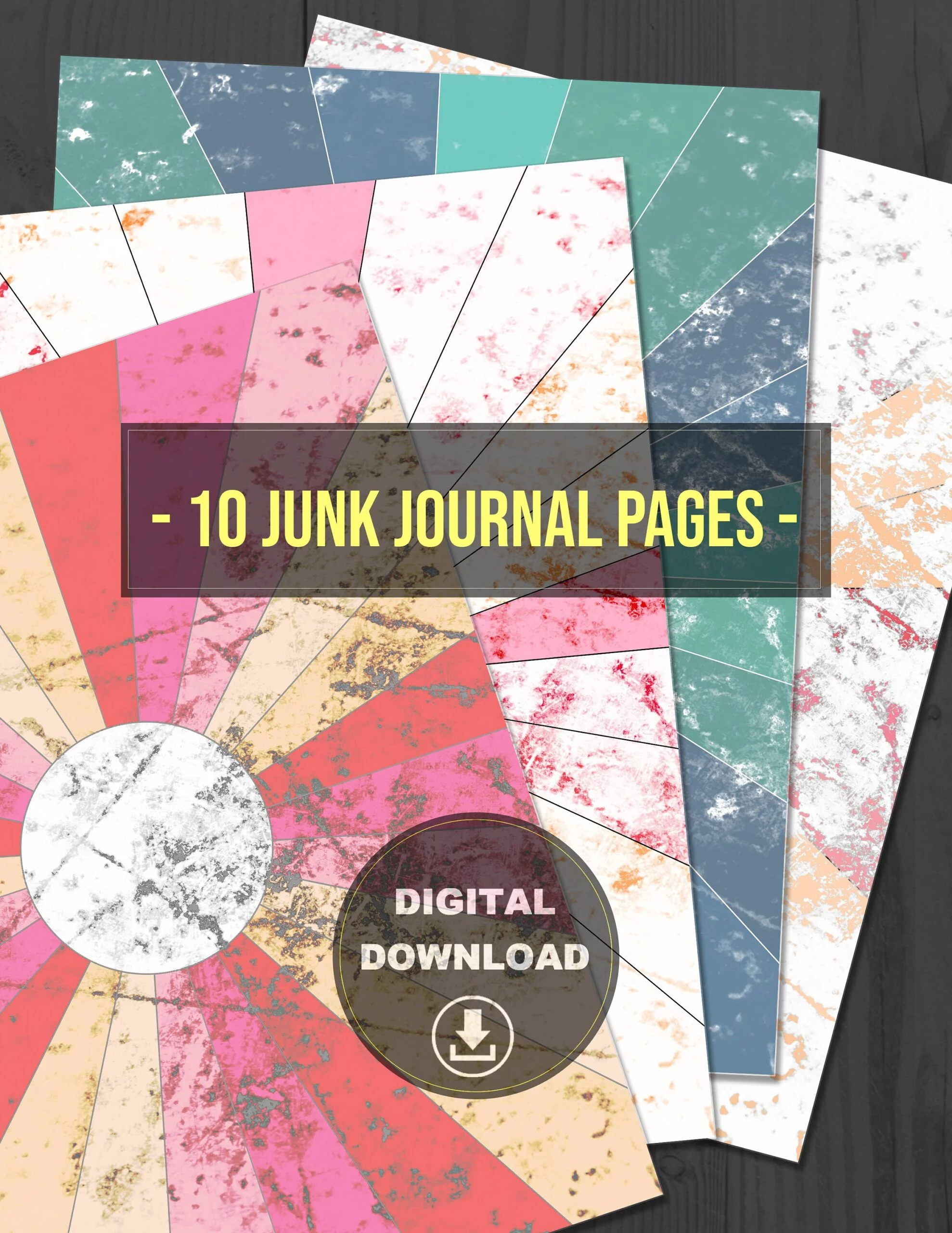 10 Junk Journal Digital Pages Printable Scrapbook Kit Print At Home Retro Sun Rays Digital Paper Set Instant Download Journal Vintage DIY