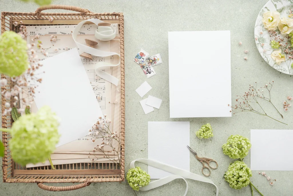 Scrapbook supplies on a table. The supplies include paper, scissors, ribbon and stamps. 
