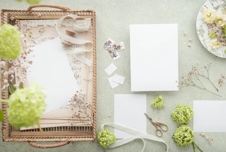 Scrapbook supplies on a table. The supplies include paper, scissors, ribbon and stamps.