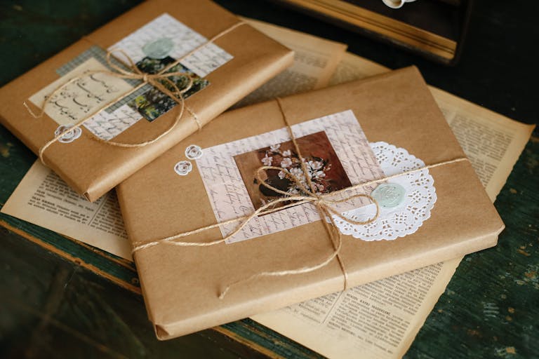 Close-up of books wrapped in vintage style kraft paper with decorative elements.
